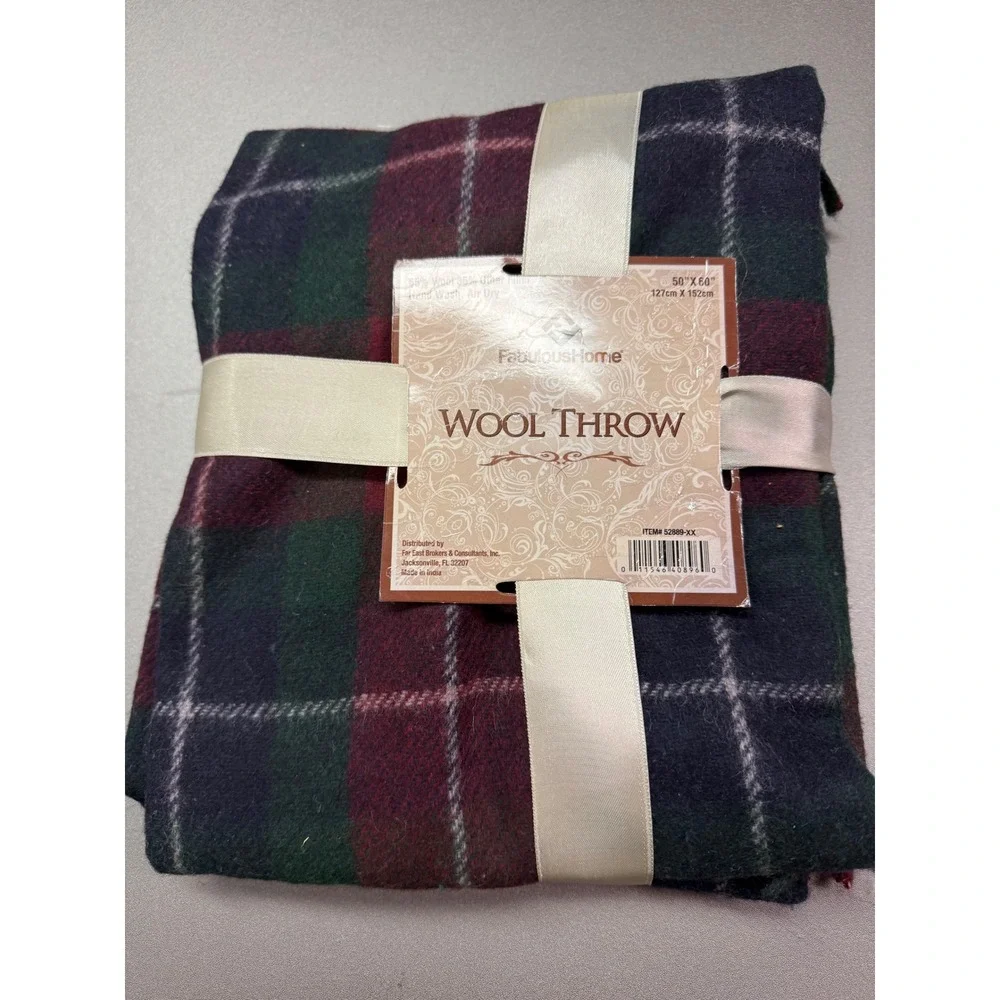 FabulousHome Wool Blend Throw Blanket Plaid Green Burgundy Navy 50x60 52889-XX